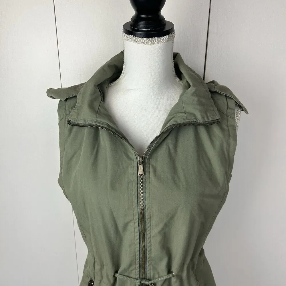 YMI Collection Removable Hood Full Zip pockets Cargo Vest Jacket Sz S Army Green